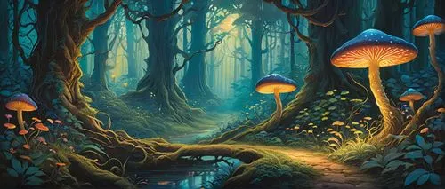 mushroom landscape,fairy forest,forest mushrooms,forest mushroom,mycena,enchanted forest,fairytale forest,forest floor,cartoon forest,elven forest,mushrooms,mushroom island,fairy village,conocybe,forest of dreams,forest background,forest landscape,fairy world,toadstools,blue mushroom,Illustration,Retro,Retro 14