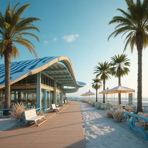 Seaside tram station, modern architecture, wave-inspired roof structure, wooden beach walkway, sandy terrain, palm trees, seashell decorations, ocean-blue accents, coral-patterned benches, nautical ro