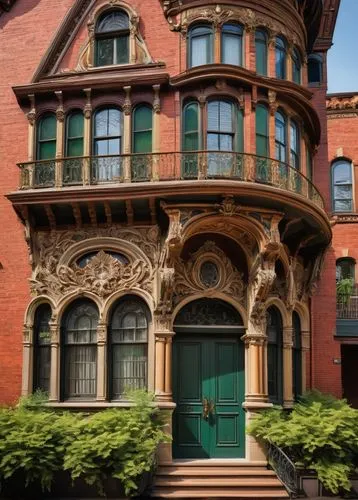 Baroque-inspired Queen Anne architecture, grandiose, ornate, red-brick facade, white-painted trim, corner quoins, decorative cartouches, carved wooden doors, multi-paned windows, steeply pitched roofs