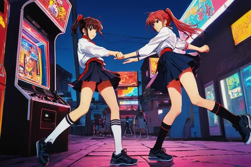 anime japanese clothing,anime 3d,hand in hand,play street,virtual world,hands holding,two girls,red string,holding hands,neo geo,anime cartoon,arcade game,arcade games,haruhi suzumiya sos brigade,playstation 2,arcade,parallel world,action-adventure game,anime,hold hands,Conceptual Art,Oil color,Oil Color 08