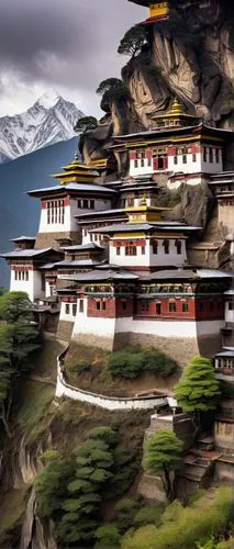 Traditional Bhutanese architecture, Dzong style, intricate wood carvings, vibrant colors, golden roofs, multi-tiered structures, prayer flags fluttering in the wind, snow-capped Himalayan mountains in