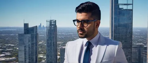 Michael Costello, male architect, 40s, glasses, short black hair, stubble beard, white shirt, dark blue suit, tie, holding blueprints, standing, modern skyscraper, cityscape, sunny day, clear sky, urb