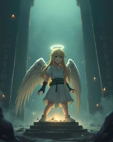 an anime character with angel wings and gold hair stands in a dark, foggy room,stone angel,serpieri,zampieri,angel,zelda,goddess of justice