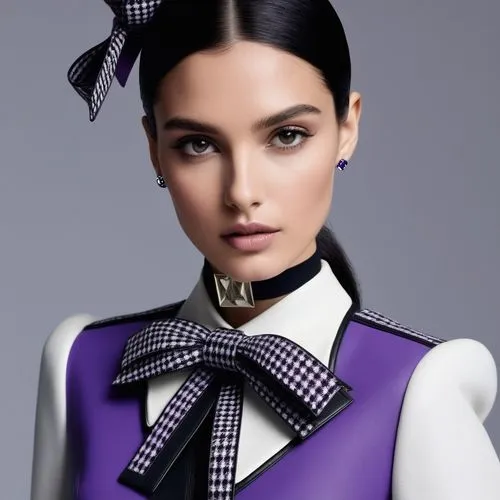 black hair, black, white and violet attire, gingham  pattern bow,a model wearing an elegant purple top with black bow on her hair,dior,violetta,collared,kendall,collar,electra,Photography,Fashion Phot