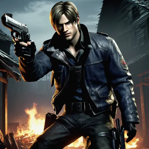 Leon S. Kennedy, Resident Evil 4, action pose, aiming, intense expression, detailed facial features, tactical outfit, combat boots, handgun holster, survival horror atmosphere, dark and eerie environm