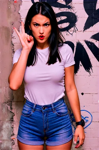 Mysterious woman, solo, (25yo), curious expression, raised eyebrow, black hair, red lips, white shirt, denim shorts, sneakers, holding a camera, one leg bent, leaning on wall, urban graffiti backgroun