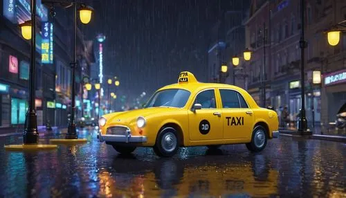 The image shows a city street at night, with a car driving on the wet pavement. The car is a taxi cab with its lights on, and it appears to be in motion. The street is wet and there are raindrops on t