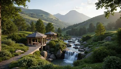 house in mountains,rivendell,house in the mountains,mountain spring,alpine landscape,landscape background,fantasy landscape,mountain stream,mountain scene,mountain landscape,the cabin in the mountains,alpine village,idyllic,mountain settlement,beautiful landscape,mountain village,nature landscape,river landscape,mountain huts,mountainous landscape