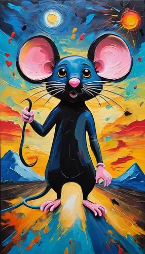 ((Lindo cute mouse cartoon num lindo lugar  pintada num mural de um prédio)). Sunset and lightning with lots of black leopard.This transformation is captured in high-definition. depicting surreal land