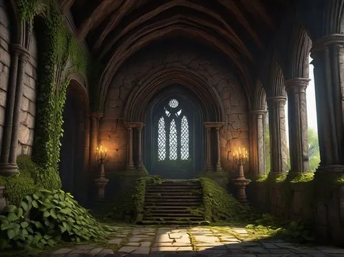 labyrinthian,hall of the fallen,forest chapel,sanctuary,hammerbeam,mausoleum ruins,haunted cathedral,cloisters,cathedral,rivendell,gothic church,cloister,doorways,alcove,the threshold of the house,theed,ruin,monastery,sanctum,ruins,Illustration,Retro,Retro 23