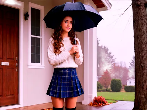 Rainy fall day, solo girl, young adult (20yo), long curly brown hair, natural makeup, white sweater, plaid skirt, black boots, holding umbrella, standing under eaves, warm lighting, cinematic composit