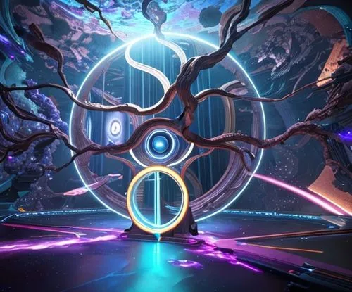 Portal that looks like a dimension coming out of the table. The color are a space nebula with a gradient. ,portal,electric arc,time spiral,gyroscope,runes,plasma bal,metatron's cube,spirit network,om,