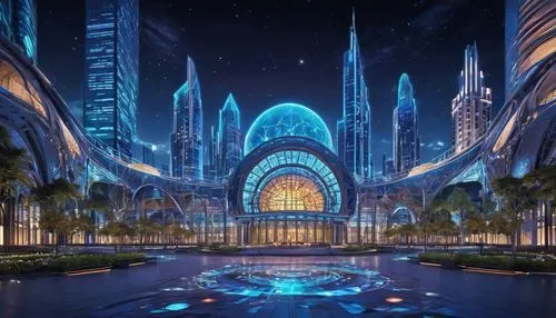 the dubai mall entrance,shanghai disney,dubai garden glow,dubailand,fantasy city,imagineering,dubay,futuristic architecture,cybercity,largest hotel in dubai,futuristic landscape,dubia,atlantis,universal studios singapore,arcology,fantasy world,walt disney center,esteqlal,coruscant,newuniversal,Illustration,Retro,Retro 13