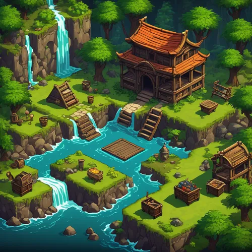 water mill,fishing village,collected game assets,ancient city,game illustration,resort town,floating islands,traditional village,fairy village,a small waterfall,artificial island,hot spring,druid grove,development concept,mountain spring,mountain village,fish pond,underwater oasis,mountain settlement,chasm,Art,Classical Oil Painting,Classical Oil Painting 27