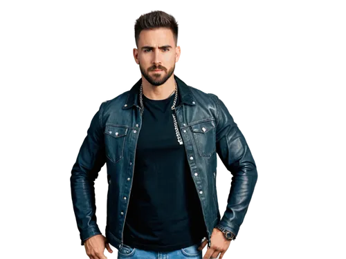 Muscular man, rugged beard, short messy hair, intense gaze, strong jawline, athletic build, casual wear, denim jeans, black leather jacket, silver chain necklace, confident posture, standing with hand