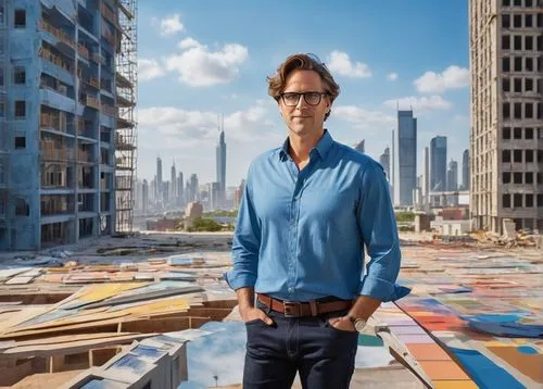 Male architect, 30s, mature, glasses, messy brown hair, casual wear, blue shirt, dark jeans, holding architectural model, standing in front of modern skyscraper, urban cityscape, daytime, sunny weathe