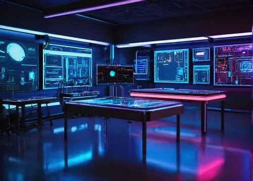 DALL-E photos, futuristic laboratory, high-tech equipment, robotic arms, holographic screens, sleek metal tables, sci-fi atmosphere, neon lights, dark shadows, dramatic composition, low-key lighting, 