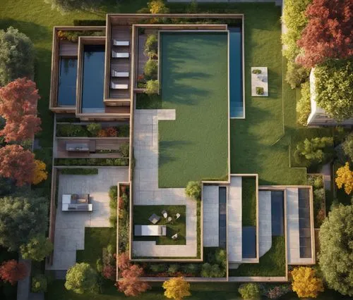 landscape design sydney,landscape designers sydney,garden design sydney,mid century house,roof landscape,view from above,from above,bird's-eye view,luxury home,turf roof,pool house,3d rendering,villa,