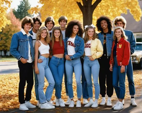 Yearbook, 1980s retro aesthetic, worn leather cover, golden font, nostalgic atmosphere, group photo of high school students, smiling faces, diverse hairstyles, casual clothing, denim jackets, sneakers