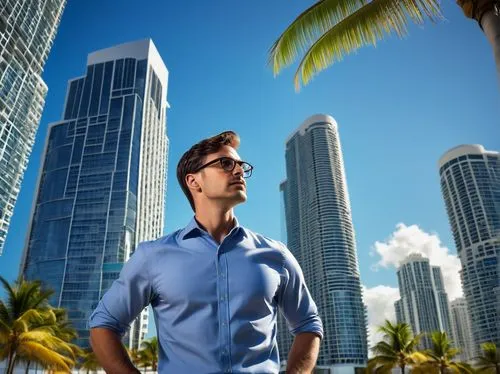 Modern architect, male, 30s, glasses, short hair, business casual attire, standing in front of a Miami skyscraper, hands on hips, looking up at the building's sleek design, blueprints in hand, citysca