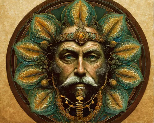 golden wreath,poseidon god face,golden mask,door knocker,venetian mask,art nouveau,art nouveau design,gold mask,emperor,the emperor's mustache,art nouveau frame,wild emperor,imperial crown,laurel wreath,crown of thorns,fantasy portrait,head ornament,golden crown,king lear,headdress,Illustration,Retro,Retro 24