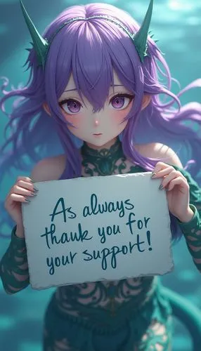 An anime-style purple-haired green-skinned sea siren holding a sign that says, "As always, thank you for your support!",a young anime with purple hair and horns holding a card saying, as always thank 