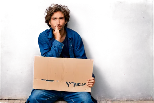 Homeless person, solo, worn-out clothes, dirty face, messy hair, tired eyes, leaning on wall, sitting on street, holding cardboard sign, begging, desperate expression, dramatic lighting, shallow depth