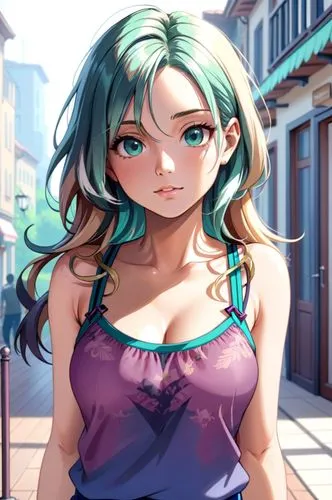 heidi hamels in sleeveless in spaghettis straps,a woman with a green and blue hair is in front of a brick wall,michiru,ranka,hina,shadman,miriya,sayo,Anime,Anime,General