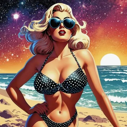 summer background,cool pop art,dazzler,beach background,pop art style,retro pin up girl,Illustration,American Style,American Style 08