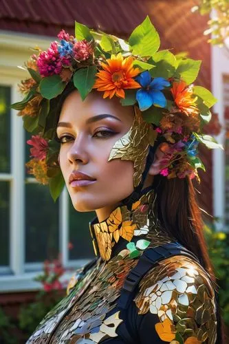 girl in flowers,beautiful girl with flowers,girl in a wreath,floral wreath,elven flower,flora,body painting,bodypaint,flower hat,bodypainting,wreath of flowers,flower garland,colorful floral,flowerhead,floral garland,autumn flower,adorned,floral design,splendor of flowers,beltane,Photography,Artistic Photography,Artistic Photography 08