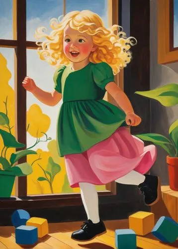 Knee bouncing action, happy nursery rhyme scene, cheerful little girl (4yo), curly blonde hair, pink dress, white socks, shiny black shoes, bouncy knees, energetic movement, colorful toys scattered ar