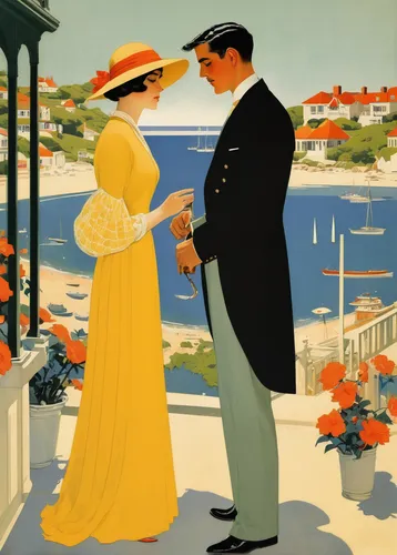 travel poster,promenade,mackinac island,vintage illustration,vintage man and woman,portofino,roaring twenties couple,vintage couple silhouette,1920s,vintage art,vintage print,art deco woman,young couple,olle gill,italian poster,skopelos,art deco,film poster,courtship,positano,Illustration,Retro,Retro 15