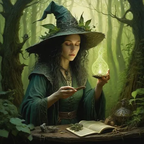 witch's hat,fantasy portrait,candlemaker,divination,sorceress,the witch,witch,mystical portrait of a girl,witch hat,magic book,celebration of witches,fantasy picture,magic grimoire,witches,apothecary,faerie,mage,spell,the enchantress,fortune teller,Illustration,Abstract Fantasy,Abstract Fantasy 16