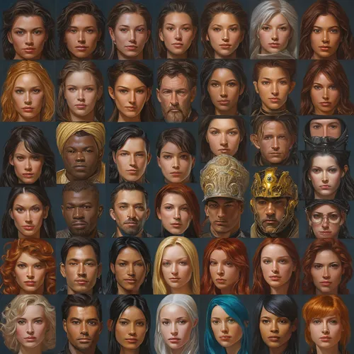 Generate the ideal face based on user preferences.,multicolor faces,diverse,diversity,avatars,faces,diverse family,vector people,people characters,ancient people,peoples,women's eyes,portraits,social 