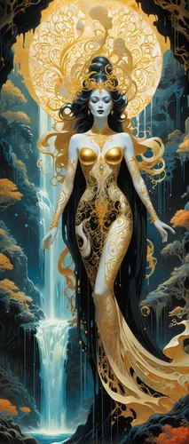 gold foil mermaid,merfolk,mermaid background,gold foil art,water nymph,siren,priestess,gold leaf,sorceress,water lotus,fantasy art,the enchantress,dryad,mermaid,gold filigree,queen of the night,the zodiac sign pisces,tour to the sirens,mermaid vectors,golden rain,Illustration,Realistic Fantasy,Realistic Fantasy 39