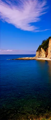 Seaside cliff, rocky shore, vast ocean, blue sky, sunny day, gentle waves, sandy beach, sailboats in distance, seagulls flying overhead, dramatic clouds, warm lighting, panoramic view, high angle shot