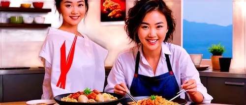 Asian woman, European man, sitting, eating, Japanese ramen, Chinese dumplings, Italian pizza, colorful dishes, chopsticks, fork, knife, casual wear, jeans, white shirt, apron, messy hair, happy expres