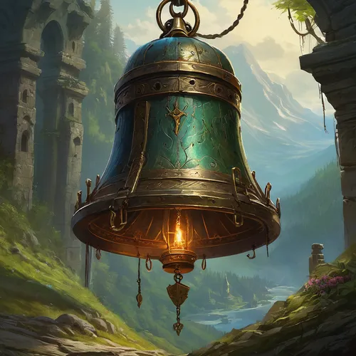 Create a magical fantasy world where the Carpathian bells hold the key to unlocking ancient secrets.,easter bell,lantern,illuminated lantern,hanging lantern,particular bell,medieval hourglass,altar be