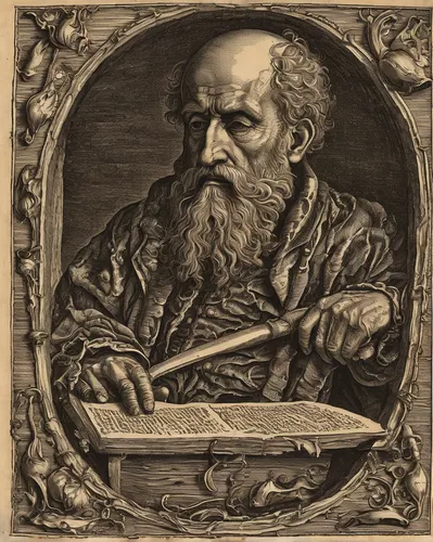 leonardo devinci,pythagoras,engraving,leonardo da vinci,nyckelharpa,psaltery,albrecht dürer,a carpenter,archimedes,torah,persian poet,euclid,man with a computer,reading magnifying glass,theoretician physician,abraham,dulcimer,luthier,shoemaker,saint paul,Illustration,Black and White,Black and White 27