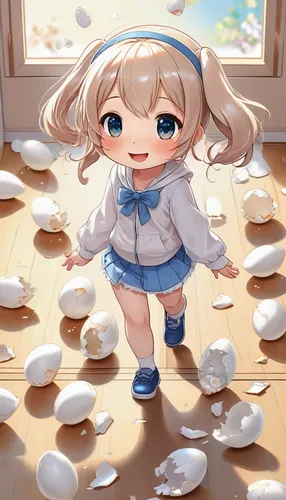 Chibi anime style, bunny girl in eggshell, cracked eggshells on floor, details,salt flower,white petals,drops of milk,chibi,paper flower background,painting eggs,egg shell break,confetti,meringue,pelm