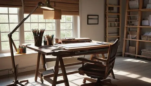 writing desk,sewing room,wooden desk,bookbinders,desks,bannack assay office,desk,study room,workspace,workbench,bureau,workroom,schoolroom,worktable,administation,morning light,workbenches,desk lamp,working space,atelier,Conceptual Art,Fantasy,Fantasy 03