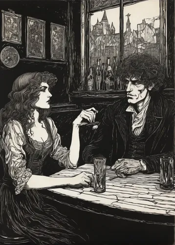 absinthe,courtship,barmaid,drinking establishment,drinking party,arthur rackham,the victorian era,whitby goth weekend,man and wife,drunkard,apéritif,date,gothic portrait,bram stoker,vintage man and woman,snifter,conversation,vintage illustration,david bates,romantic dinner,Illustration,Black and White,Black and White 28