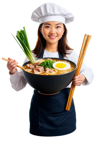 Ramen chef, Japanese restaurant, steamy bowl, savory broth, springy noodles, sliced pork, boiled egg, green onions, wooden spoon, apron, chef hat, warm lighting, shallow depth of field, close-up shot,