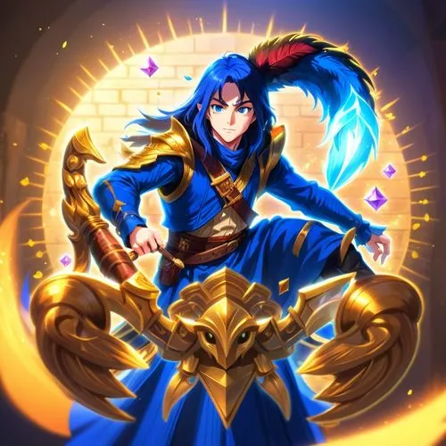 a stylized character holding a staff and wearing blue clothing with gold details,sanzang,pelleas,qianwen,garen,uther,guangzhao,Anime,Anime,Cartoon