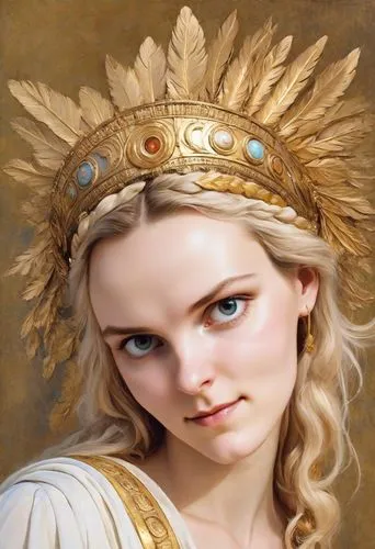 athena,golden crown,fantasy portrait,thracian,gold crown,artemisia,cepora judith,celtic queen,cleopatra,laurel wreath,diadem,jessamine,mary-gold,elaeis,eufiliya,medusa,golden wreath,minerva,portrait background,female warrior,Digital Art,Classicism