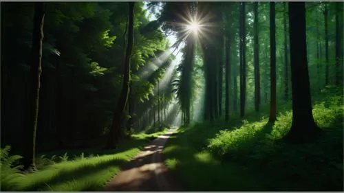 SLIM WAY, MORNING FOREST, SUNLIGHT CROSS GREEN FOLIAGE. plain floor with gramme,a dirt road in a green forest,forest path,green forest,forest background,aaaa,forest road,germany forest