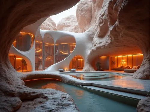 grotte,futuristic art museum,futuristic architecture,futuristic landscape,arcosanti,igloos,dunes house,marble palace,bathhouse,thermae,cave on the water,ice cave,fallingwater,cave church,thermal spring,hamam,yazd,superadobe,therme,lair,Photography,General,Realistic