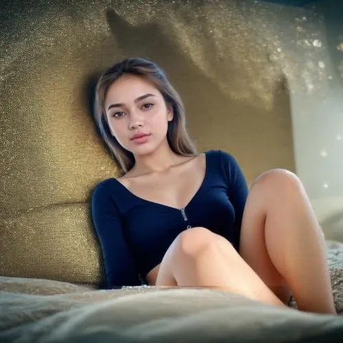 the woman is sitting on a bed posing for a picture,blurred background,girl in bed,nurfaizi,annasophia,ariela,stefanyshyn