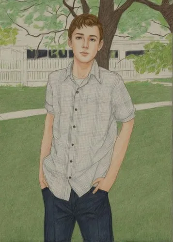 A teenage boy of about 16 years old is standing in a park setting. He has short brown hair, blue eyes, and is wearing a white and black checkered button-down shirt. His right hand is tucked into his p