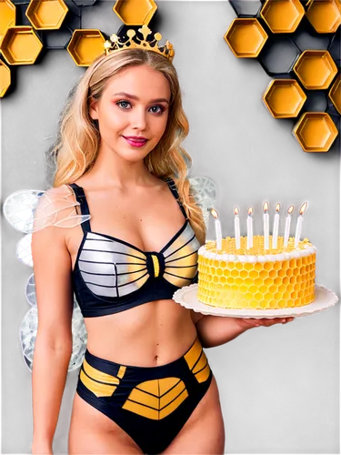 Queen Bee, happy birthday, golden crown, blonde hair, sparkly makeup, smiling face, shimmery eyelids, pink lips, beauty mark on cheek, white and yellow striped bee costume, translucent wings, holding 